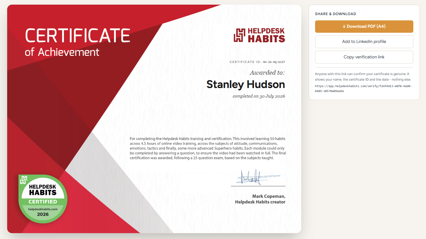 Stanley Hudson's certificate, with Download PDF and Add to LinkedIn beside it